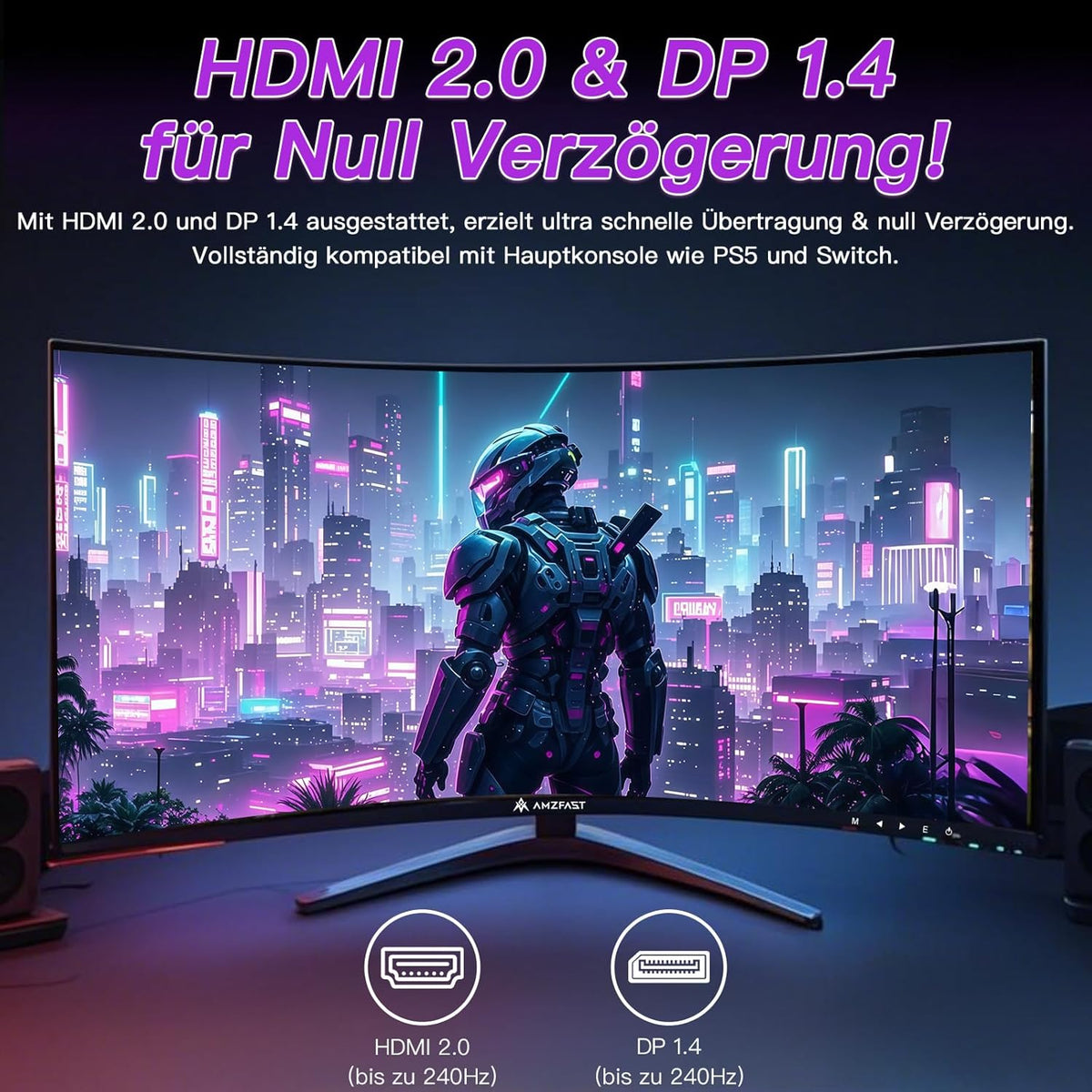 Monitor Gaming Curvo Amzfast de 32 pulgadas, 240Hz, FHD, 1ms MPRT, Adaptive Sync, sRGB 120%, HDR, Sin parpadeo, Luz azul baja, HDMI 2.0/DP 1.4, VESA 75x75, AMZG32C3F