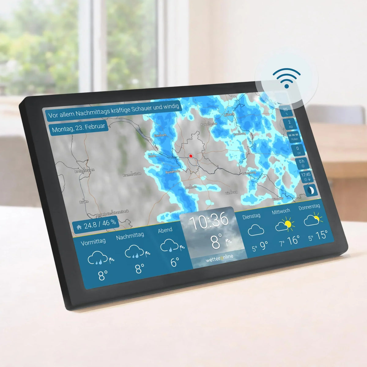 Estación meteorológica Wi-Fi WetterOnline 4 WetterDisplay con radar meteorológico, pantalla a color HD, pronóstico de 14 días y alertas de clima adverso