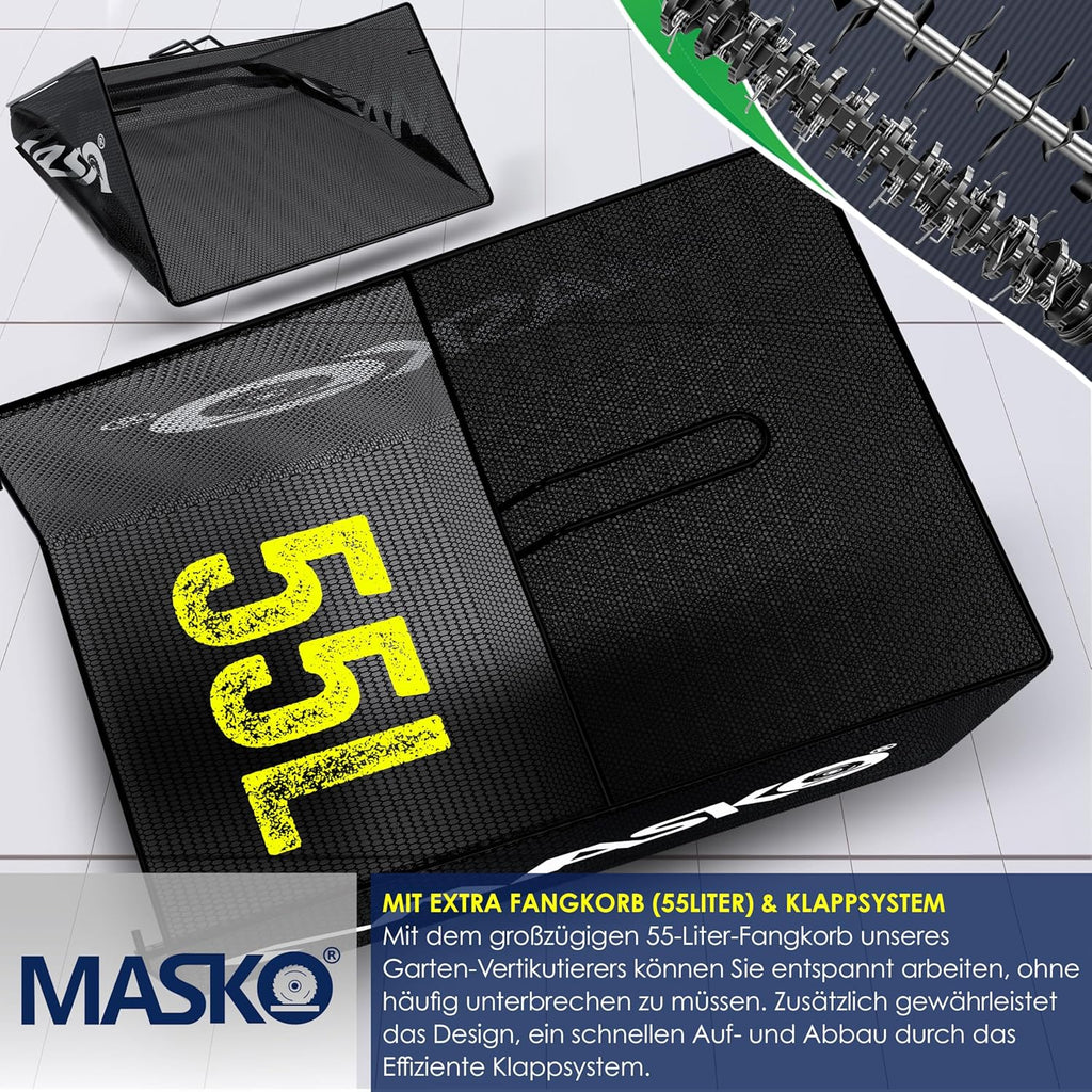 MASKO® Elektro 2in1 Vertikutierer Rasenlüfter 1800W 40cm Arbeitsbreite 55L Fangkorb mit Lüfterwalze Lüfter Moosentferner, 20 Stahlmesser, 5-stufige Arbeitstiefe einstellbar höhenverstellbarer Holm