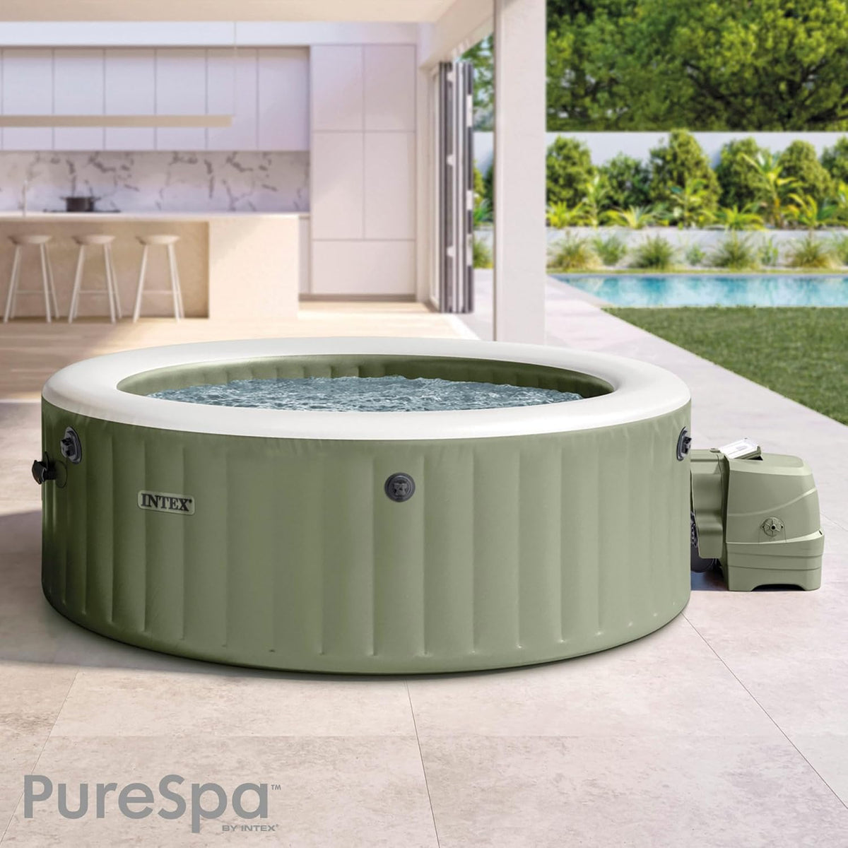 Set de spa inflable redondo Intex para 6 personas, color verde oliva, 28428NP (inflado 216 cm x 71 cm)