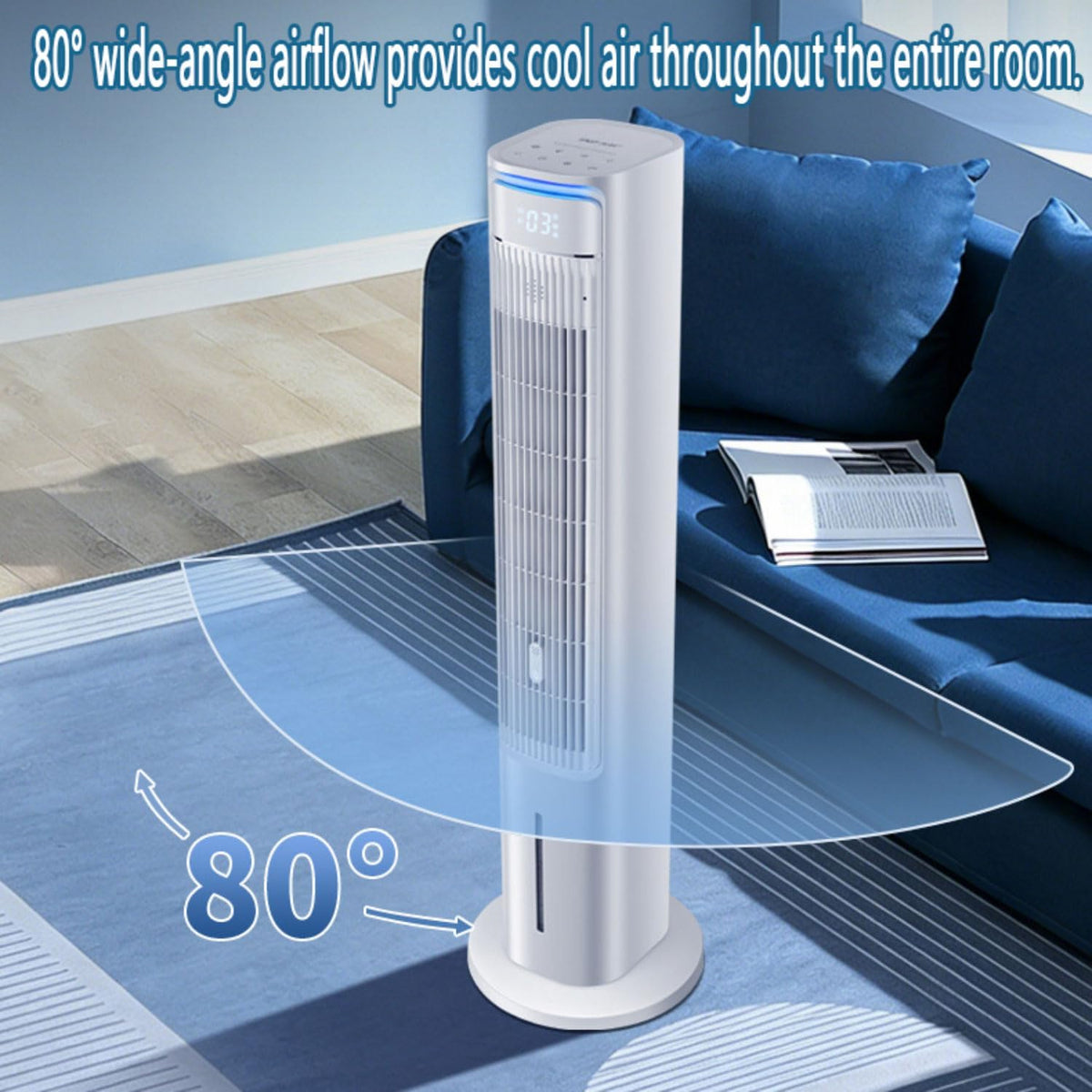 Torre de aire acondicionado silenciosa con enfriamiento por evaporación, 3 niveles de velocidad, temporizador de 12 horas y función de aroma. Aire acondicionado portátil, no requiere ventana, acumuladores de frío, depósito extraíble de 5 litros.