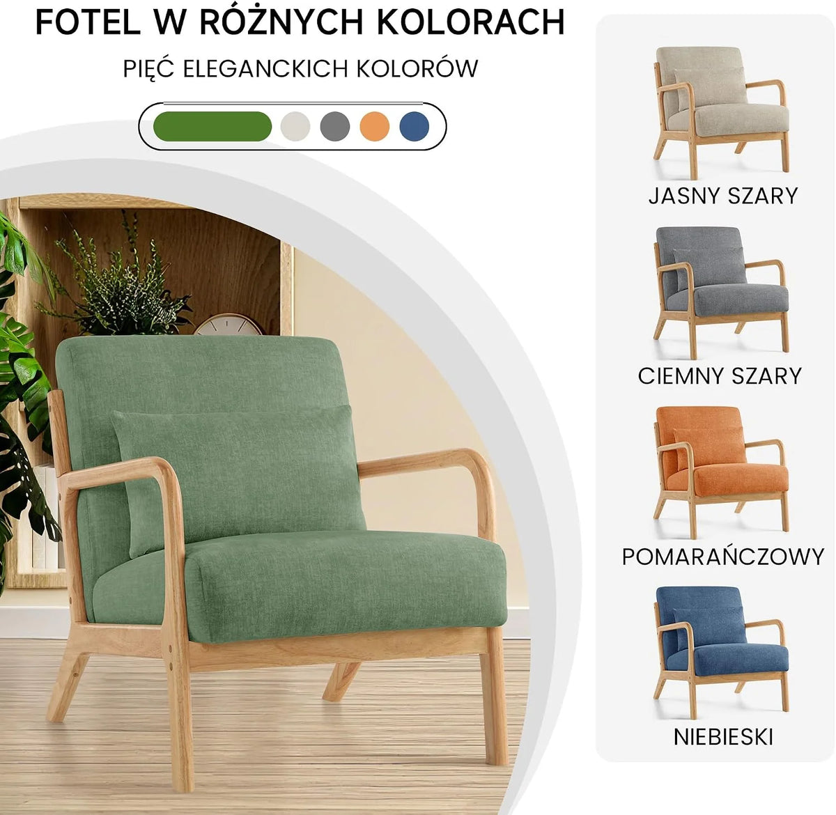Nowoczesny fotel akcentujący z poduszką, fotel z podłokietnikami i ramą z drewna, tapicerowany fotel do czytania w stylu połowy wieku, do salonu i sypialni (kolor Zielony)
