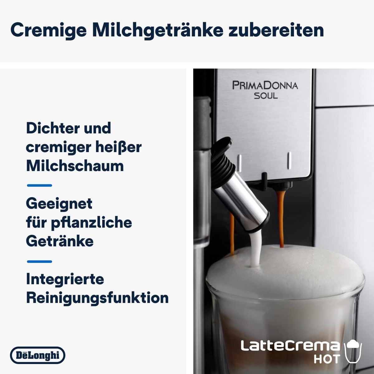 Cafetera superautomática De'Longhi PrimaDonna Soul Perfetto ECAM 612.55.SB con sistema de leche LatteCrema y tecnología Bean Adapt, 18 recetas, pantalla a color, control por aplicación, plateado/negro