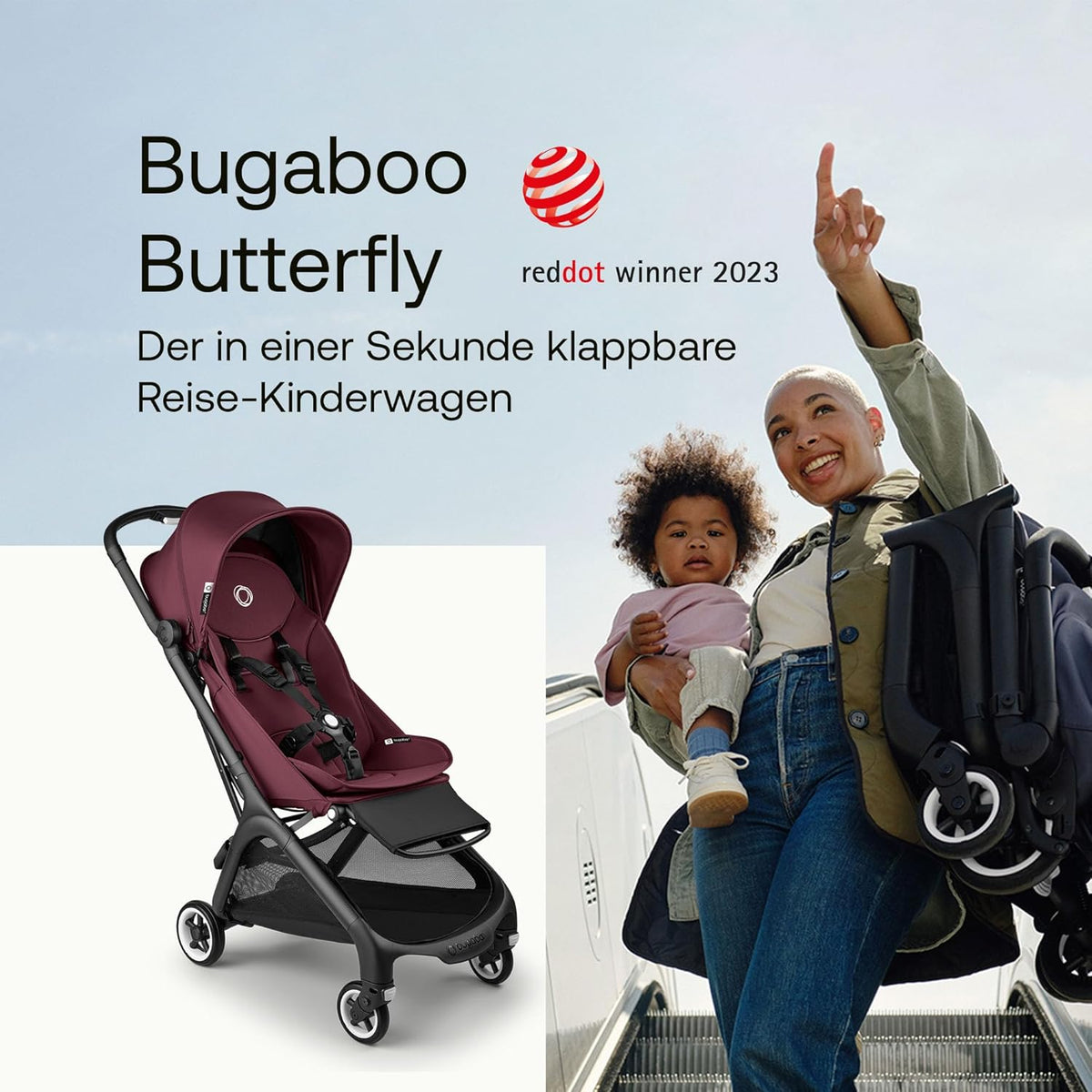 Cochecito de viaje ultracompacto Bugaboo Butterfly, pequeño y ligero, plegable con una sola mano y fácil de maniobrar, cochecito urbano ergonómico para bebés a partir de 6 meses, con mucho espacio de almacenamiento, Stormy Blue