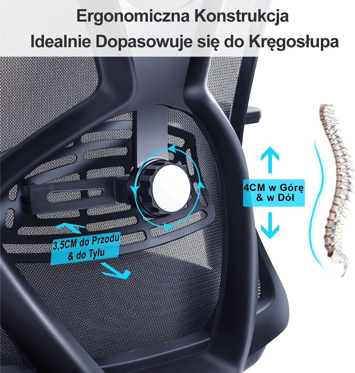 Ergonomiczne krzesło biurowe Ticova - krzesło biurowe z wysokim oparciem i regulowanym podparciem odcinka lędźwiowego, zagłówkiem i podłokietnikiem 3D