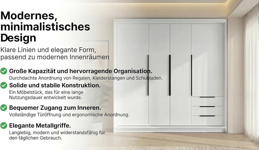 Armario de 4 puertas A&J MöbelLand KLARI con 3 cajones – 200 x 215 cm – Armario de puertas batientes con barra para colgar ropa y estantes