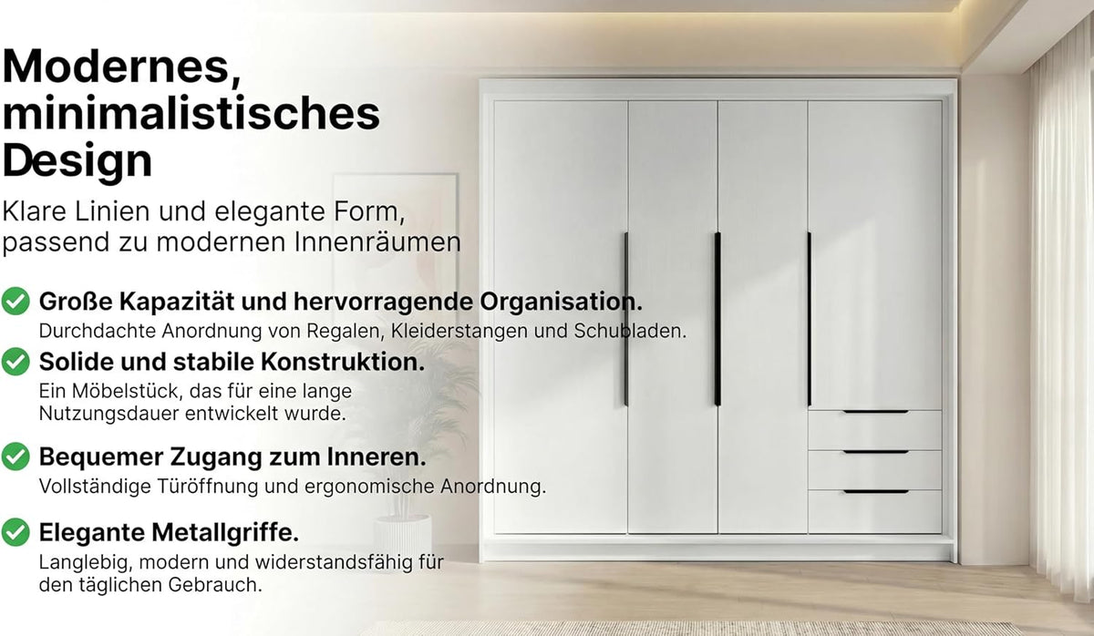 Armario de 4 puertas A&J MöbelLand KLARI con 3 cajones – 200 x 215 cm – Armario de puertas batientes con barra para colgar ropa y estantes