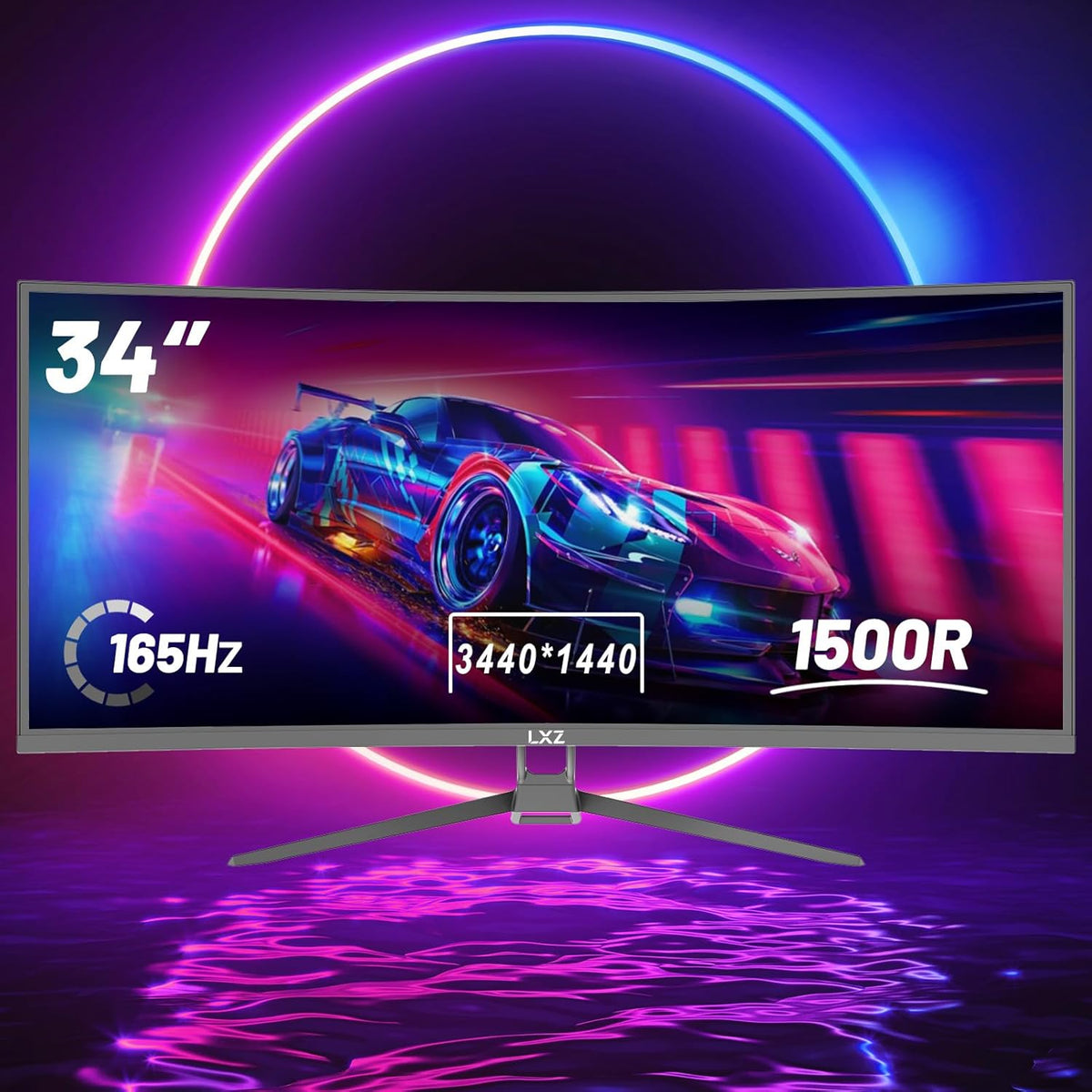 Monitor Curvo LXZ de 34 pulgadas, 165Hz, 1500R, WQHD, pantalla sin bordes, 98% sRGB, ángulo de visión de 178°, puerto de pantalla HDMI - Negro
