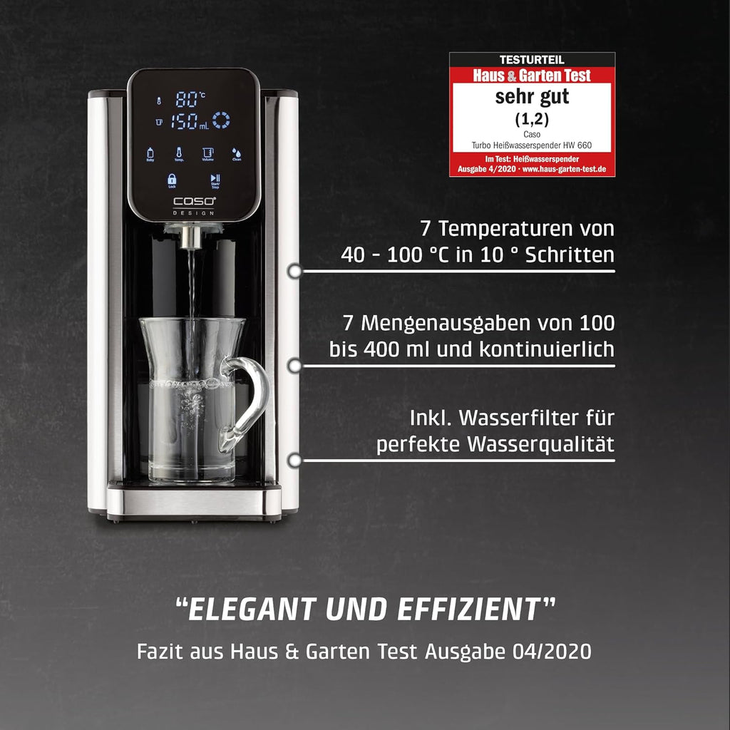 Dispensador de agua caliente CASO HW 660: agua caliente en pocos segundos, ahorra hasta un 50% de energía en comparación con los hervidores de agua, 8 niveles de cantidad, apto para comida de bebé, recordatorio de descalcificación integrado