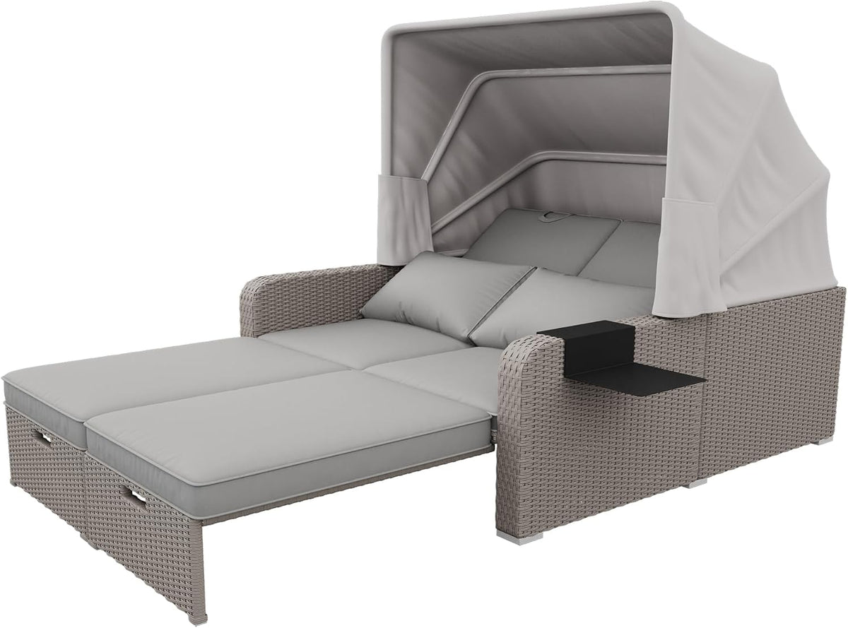 Sofá lounge de poliratán, sofá de jardín de dos plazas con función reclinable, tumbona de jardín con toldo extraíble, sofá lounge tipo cama de día con cojines, caqui