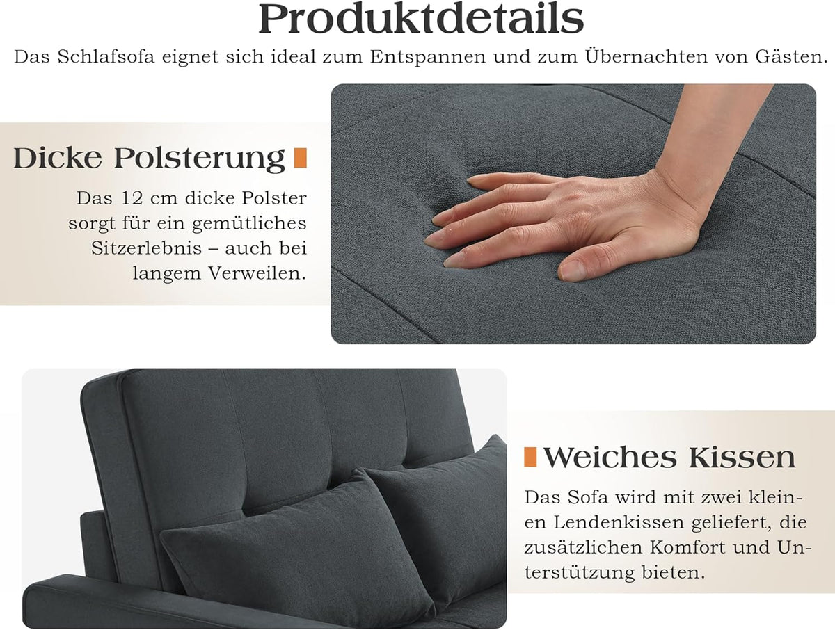 Sofá cama LUXOAK 186 x 122 cm con respaldo ajustable en 5 niveles, sofá cama 3 en 1 con cojines y bolsillo lateral, sofá de lino gris para habitación de invitados y espacios pequeños