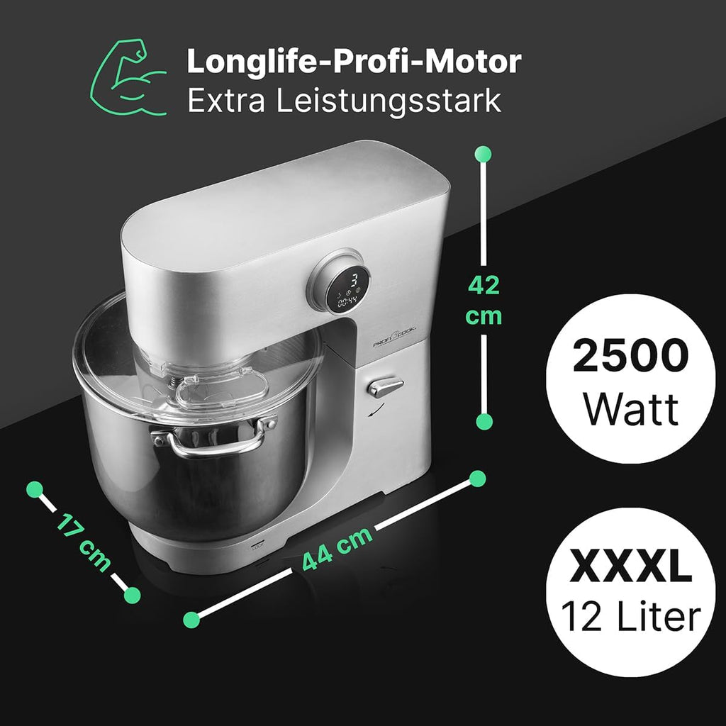 ProfiCook Robot de cocina con bol XXL de 12 L | Amasadora con 2500 W | Engranajes de metal y pantalla LED | Procesador de alimentos para hasta 8,5 kg de masa | 13 velocidades | PC KM 1254 titanio
