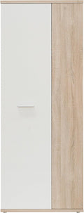 FORTE NET106 Armario 70 180, armario multiusos pequeño, armario para aspiradora, trastero, 2 puertas con estantes, blanco con decoración de madera: roble Sonoma, 69 cm de ancho x 179 cm de alto x 35 cm de profundidad