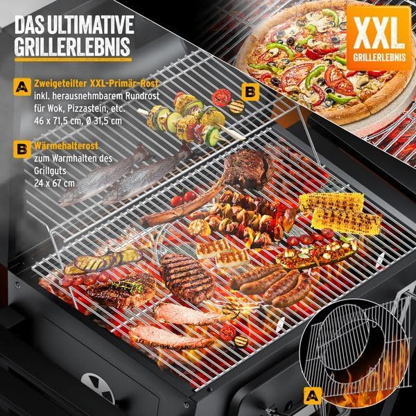 KESSER® Barbacoa de carbón XXL, carro de barbacoa con tapa y termómetro – gran carro de barbacoa de carbón, ahumador con chimenea y ventilación, con rejilla de cocción, rejilla de calentamiento y estante, incluye funda, cepillo y brocha
