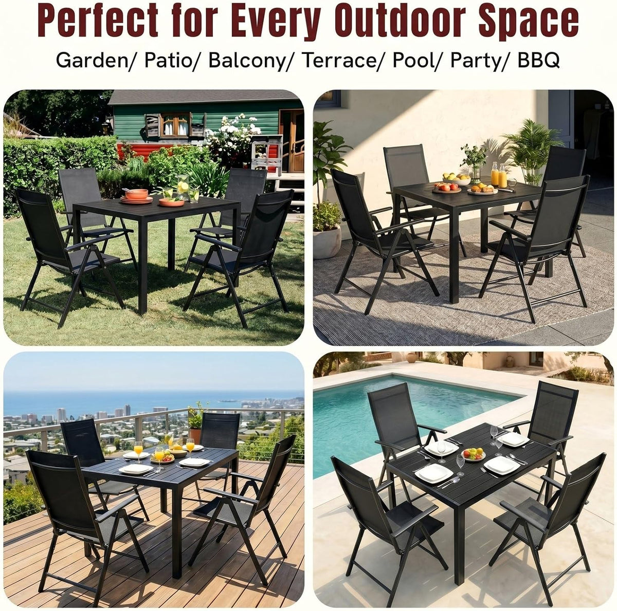 Mesa de jardín LIFERUN 110x70 cm con marco de aluminio - Mesa de balcón rectangular de WPC para 4-6 personas, mesa de terraza resistente a la intemperie y a los rayos UV, mesa de comedor exterior moderna con aspecto de madera, negro