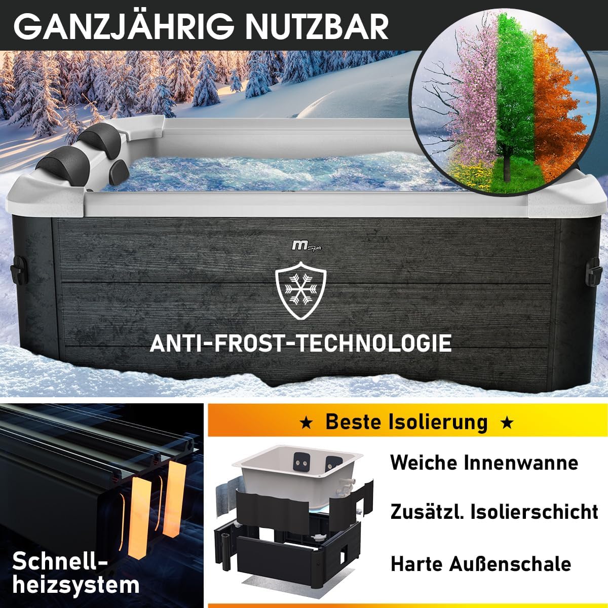 Jacuzzi BRAST MSpa Oslo con pared exterior rígida | Iluminación LED con 20 colores ajustables para 6 personas | 160x160x65cm | 120 boquillas de masaje | Uso durante todo el año, resistente al invierno | Piscina interior y exterior