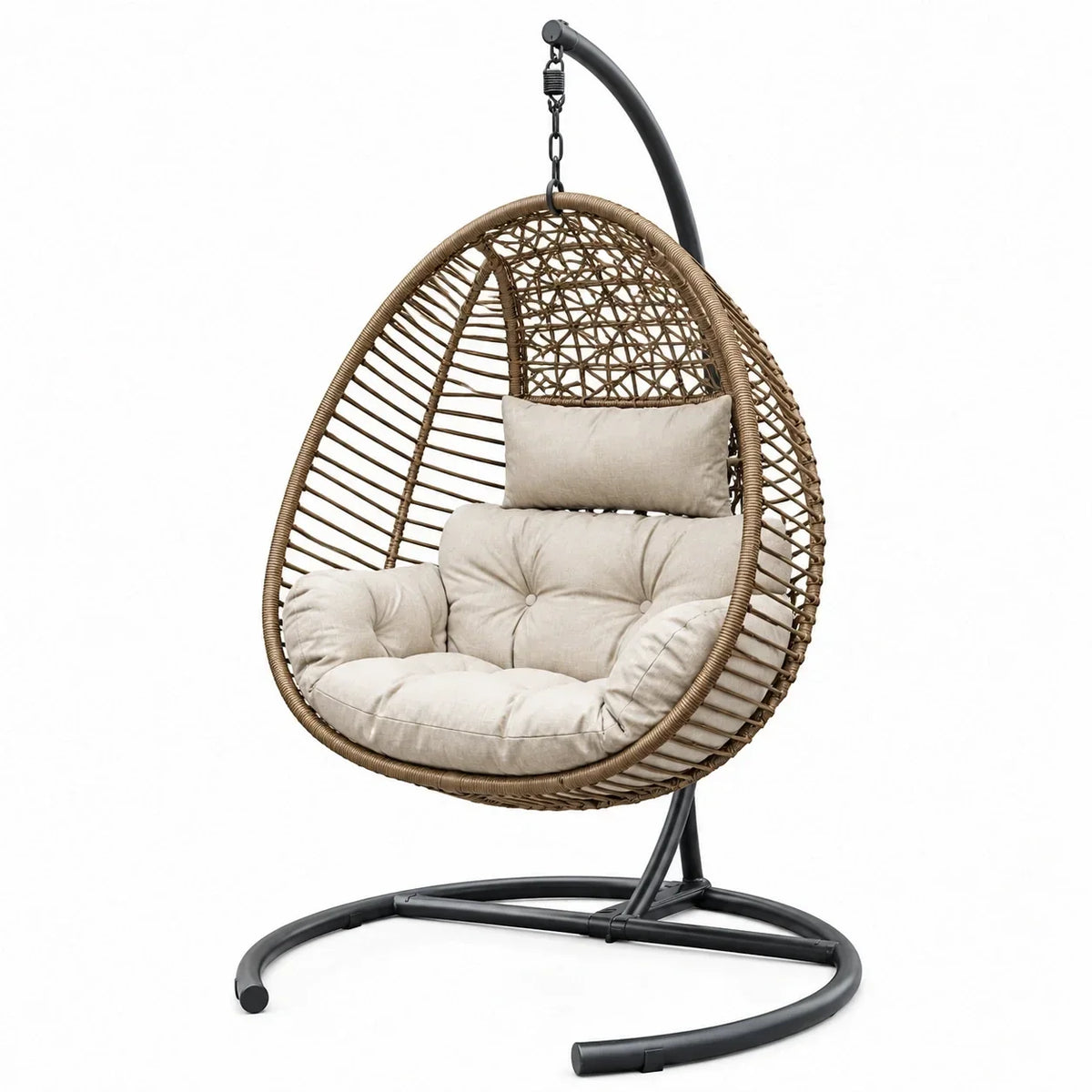 Sillón colgante de ratán con estructura de acero y cojín de poliéster beige