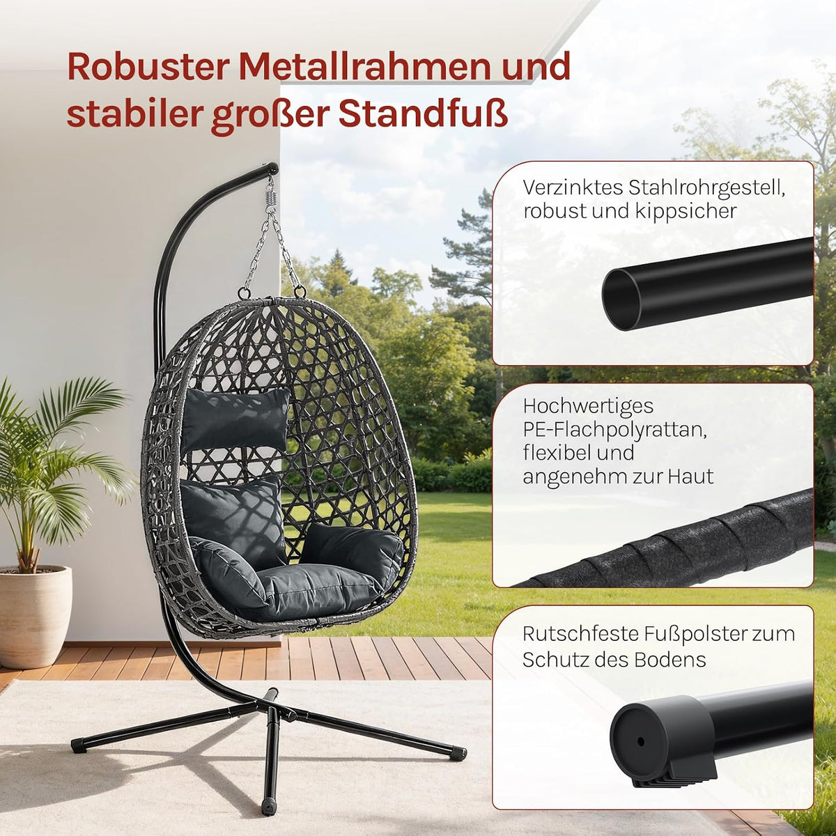 Silla colgante WOLTU con soporte, carga hasta 150 kg, silla colgante de ratán PE, con cojín de asiento y reposacabezas, para interior y exterior, gris