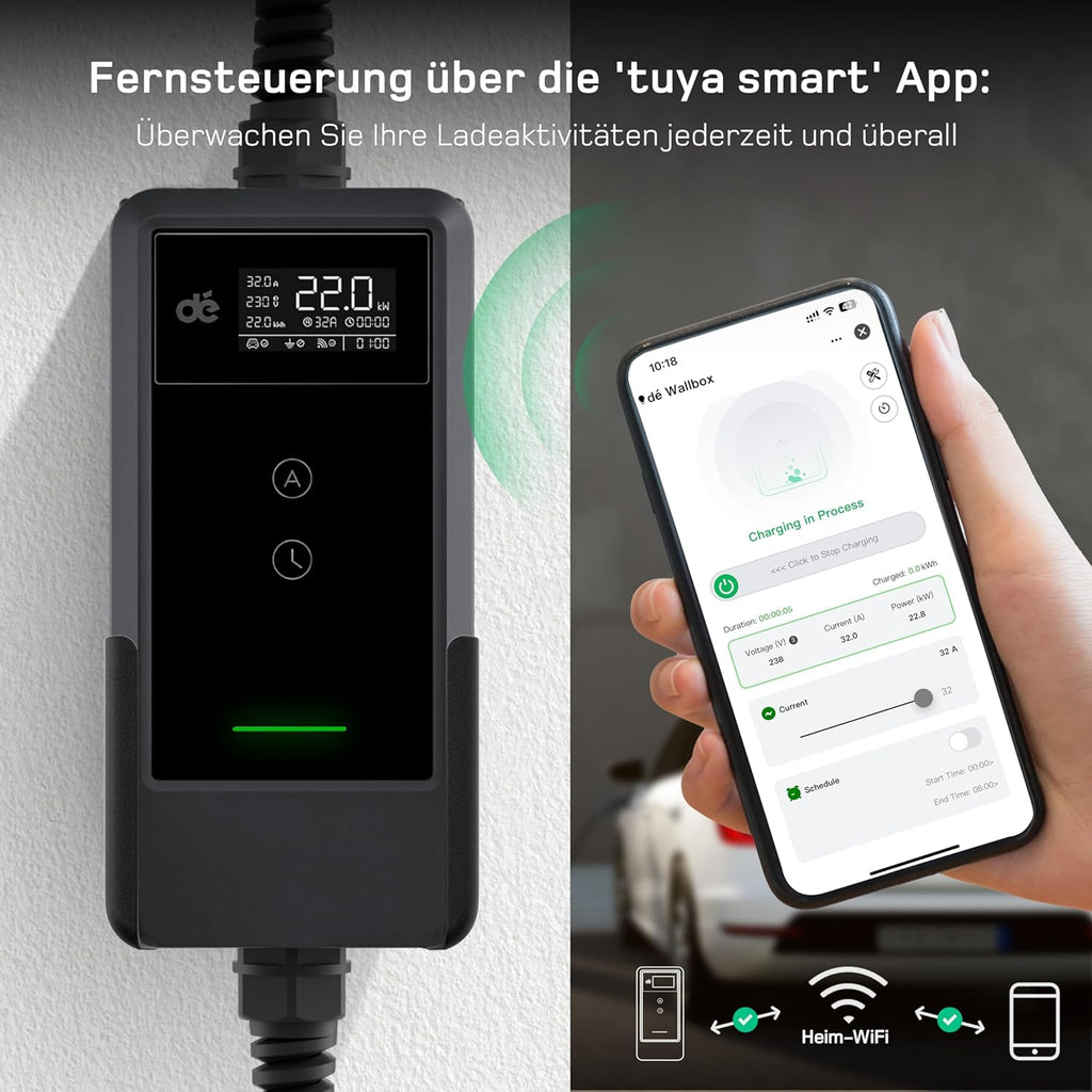 Wallbox móvil/estación de carga de 22kW con aplicación [trifásica|7m|6-32A] con medidor de energía, cable de carga CEE 32A a tipo 2 y cargador de VE para Model Y/3, ID.3/4/5, MG4, EX30, e-up, e-tron y otros VE/Híbridos enchufables