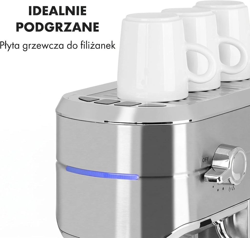 Klarstein Futura Ekspres do kawy, Ekspres kolbowy 1450 W, 20 barów, Jakość barista, Podwójny wylot, Stop przepływu, Kolbowy do kawy, Funkcja spieniania mleka, srebrny