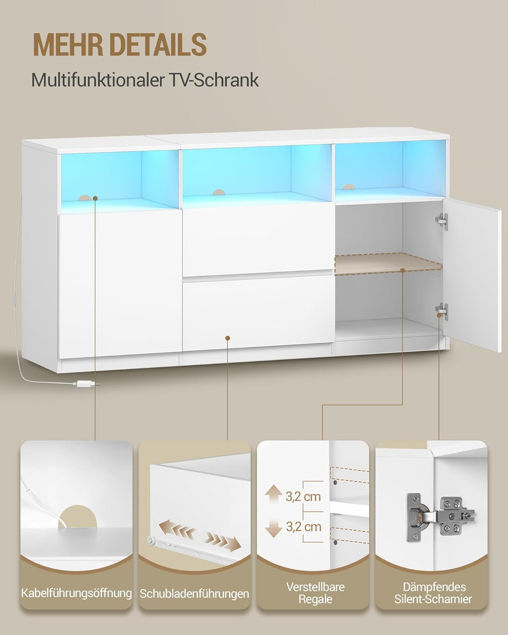 Mueble de TV Hzuaneri con iluminación LED RGB (25 colores), soporte de televisión para pantallas de hasta 65 pulgadas, aparador con 2 cajones y 3 compartimentos abiertos, para salón y dormitorio, blanco TV17003XEU