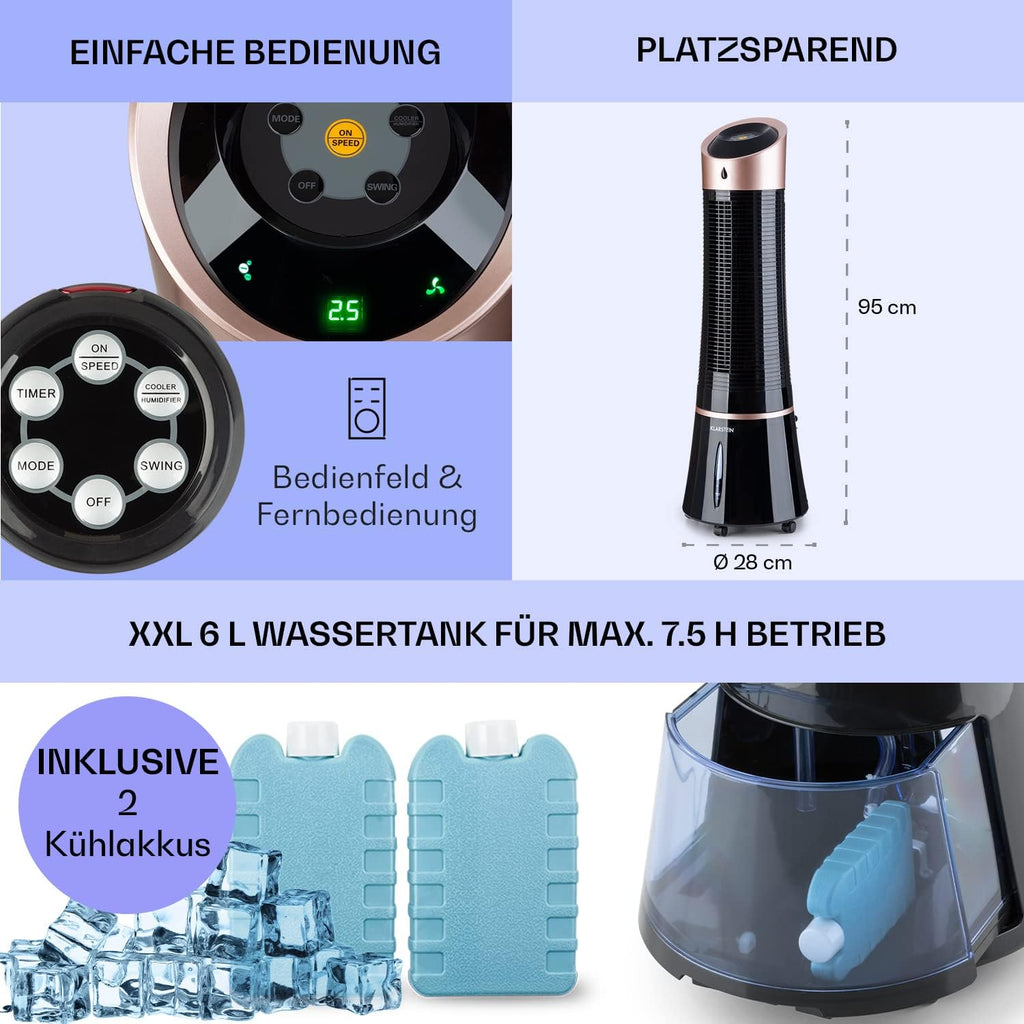 Klarstein 4 en 1: Enfriador de aire inteligente, ventilador, humidificador e ionizador I Depósito de agua de 6 L, oscilación, 30 W, 210 m³/h, temporizador I Aire acondicionado sin tubo de escape, aire acondicionado portátil, negro-oro rosa
