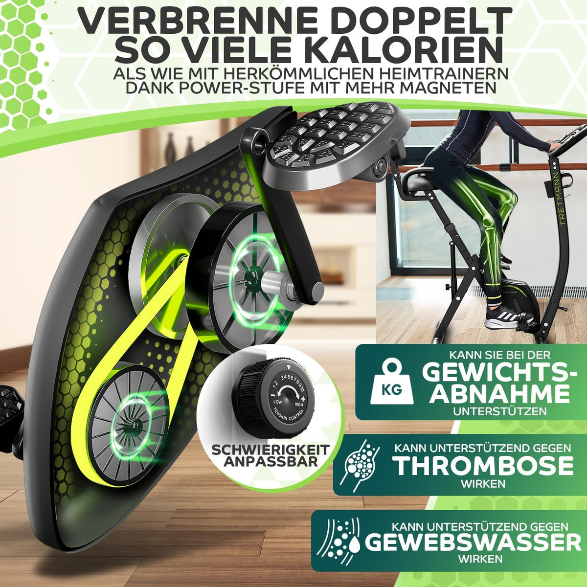 Tretmann NUEVA Bicicleta estática plegable 3 en 1 - extra silenciosa y cómoda - [SoftFoam] probada por DEKRA - con acceso bajo, bicicleta ergómetro para el hogar, bicicletas de fitness plegables