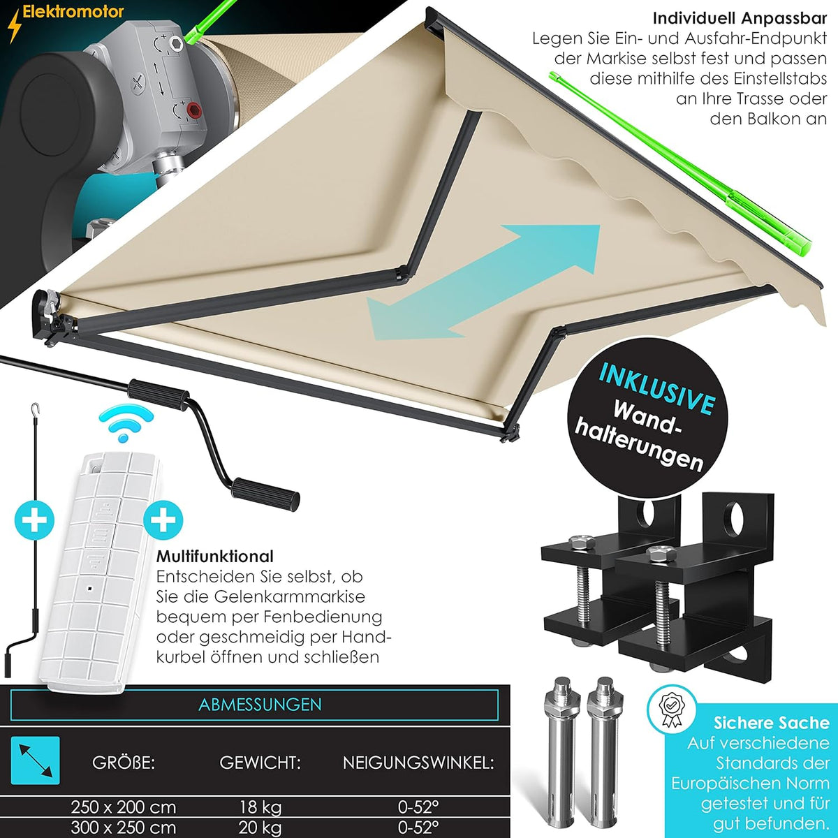 KESSER® Toldo articulado eléctrico con mando a distancia, toldo de brazos articulados, 250 x 200 cm, toldo para terraza, toldo de sujeción, toldo solar, incl. soporte de pared, protección solar, toldo para balcón, beige