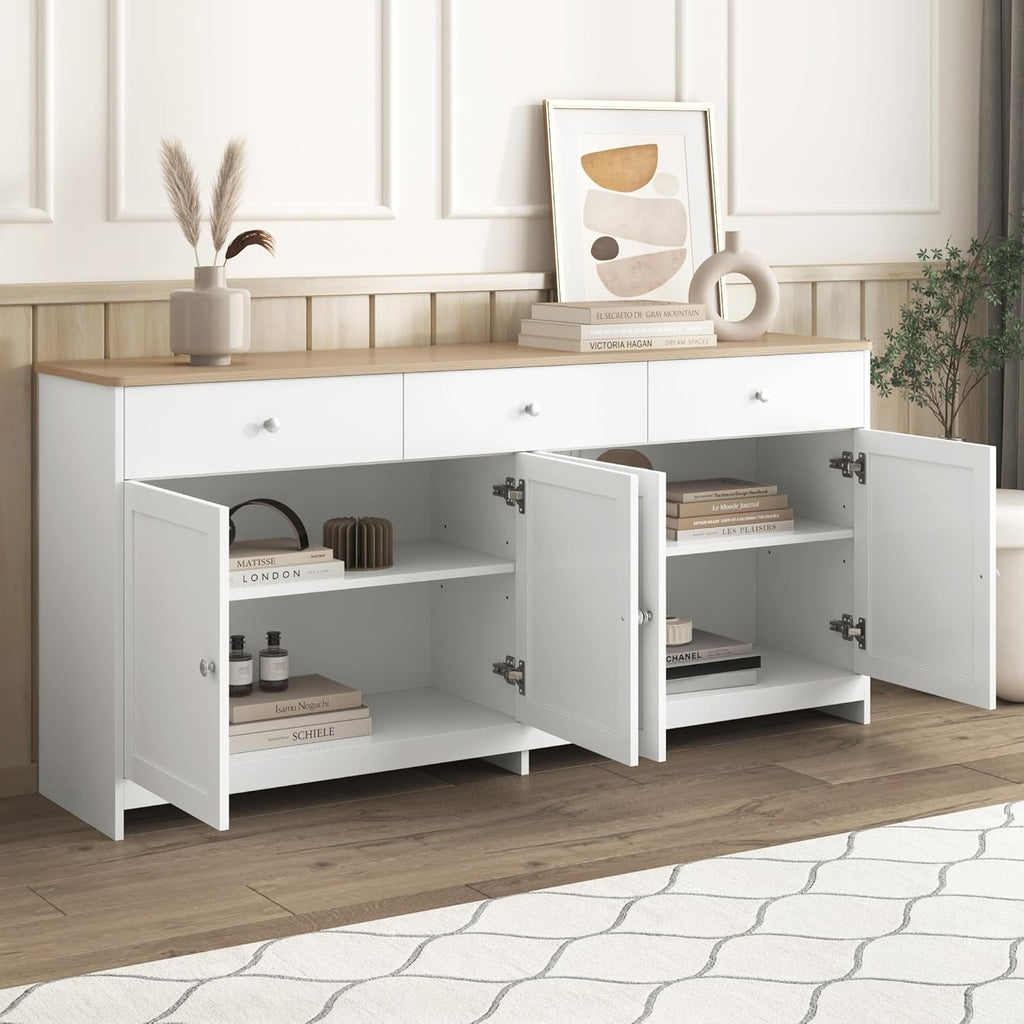Aparador Ymkua, buffet, cómoda para salón y comedor, armario de almacenamiento con 4 puertas y 3 cajones, armario de salón moderno, 160x37x75 cm, madera y blanco