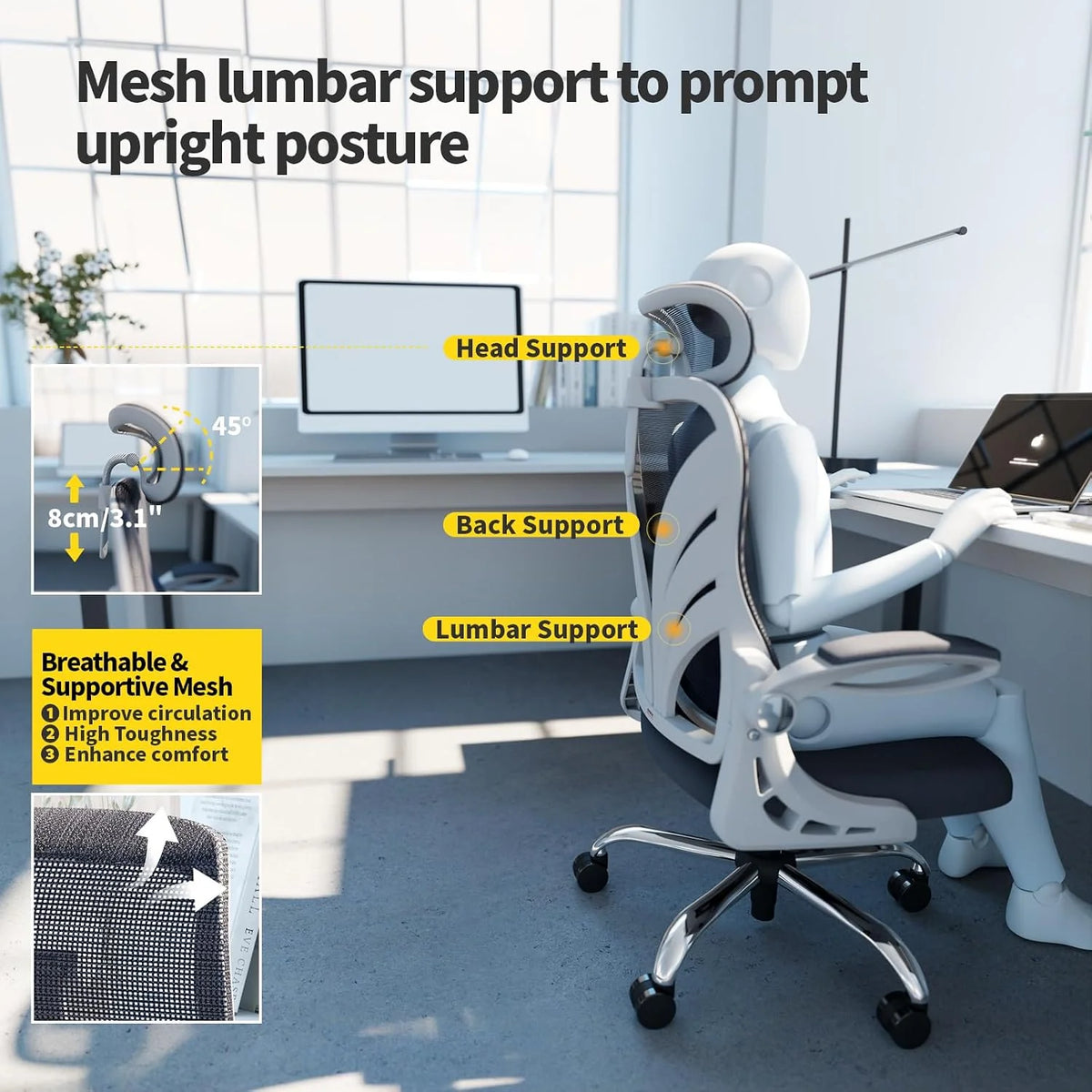 HOLLUDLE Ergonomiczne krzesło biurowe ze składanym oparciem, krzesło do biurka komputerowego z podnoszonymi podłokietnikami, siatkowym podparciem lędźwi i zagłówkiem 2D, duże i wysokie krzesło biurowe