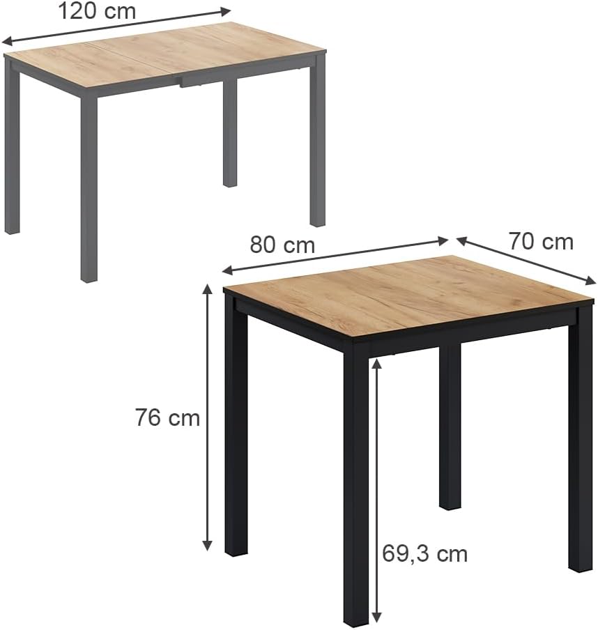 Mesa de comedor Vicco Granny, roble/antracita, 120 x 70 cm extensible, con función de extensión para longitudes de mesa variables