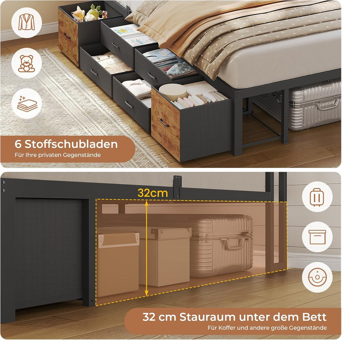 Cama de 90x200 con almacenamiento, sofá cama con estantería integrada y 6 cajones, cama juvenil con iluminación LED y estación de carga, cama de invitados, diván, estructura de cama con somier (Marrón vintage, 90x200 cm)