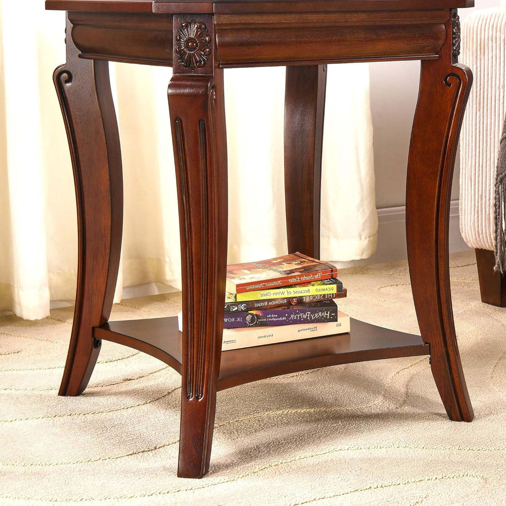 Mesa auxiliar cuadrada de alta gama con tablero de cristal templado, mesa auxiliar estilo granja con estante, mesa esquinera de salón con patas de madera tallada, 60.5 cm de altura, color cerezo CJZ-A1168-GT