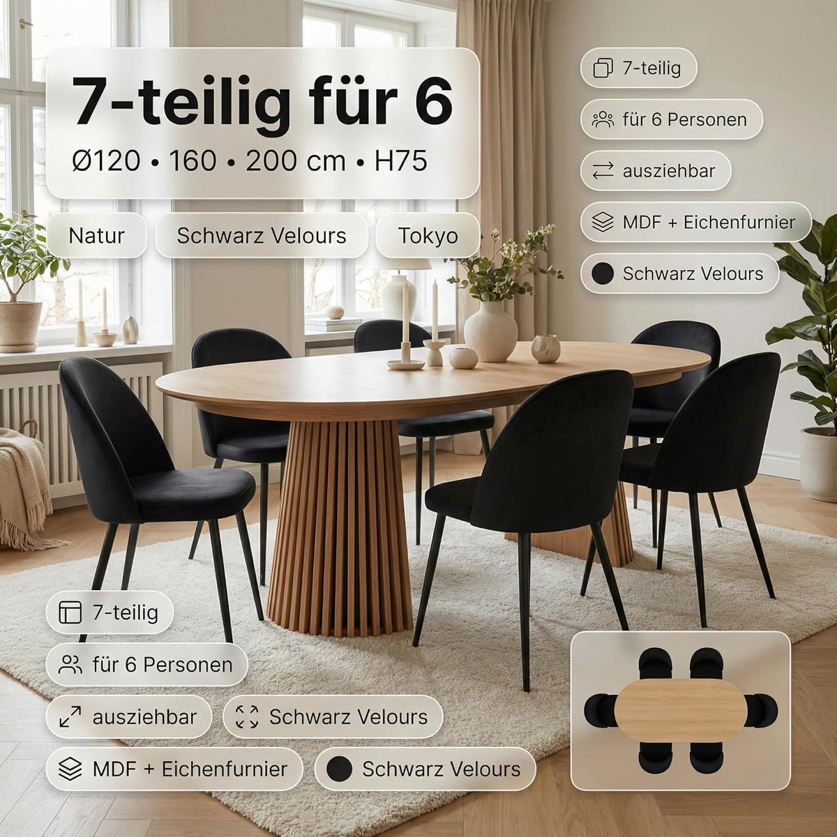 ebuy24 Mesa de comedor ovalada extensible - Juego de comedor Tokyo de 7 piezas para 6 personas, color natural, 120x120-160/200 cm, mesa con 6 sillas de terciopelo negro, conjunto de comedor, grupo de comedor, cocina comedor, muebles de comedor