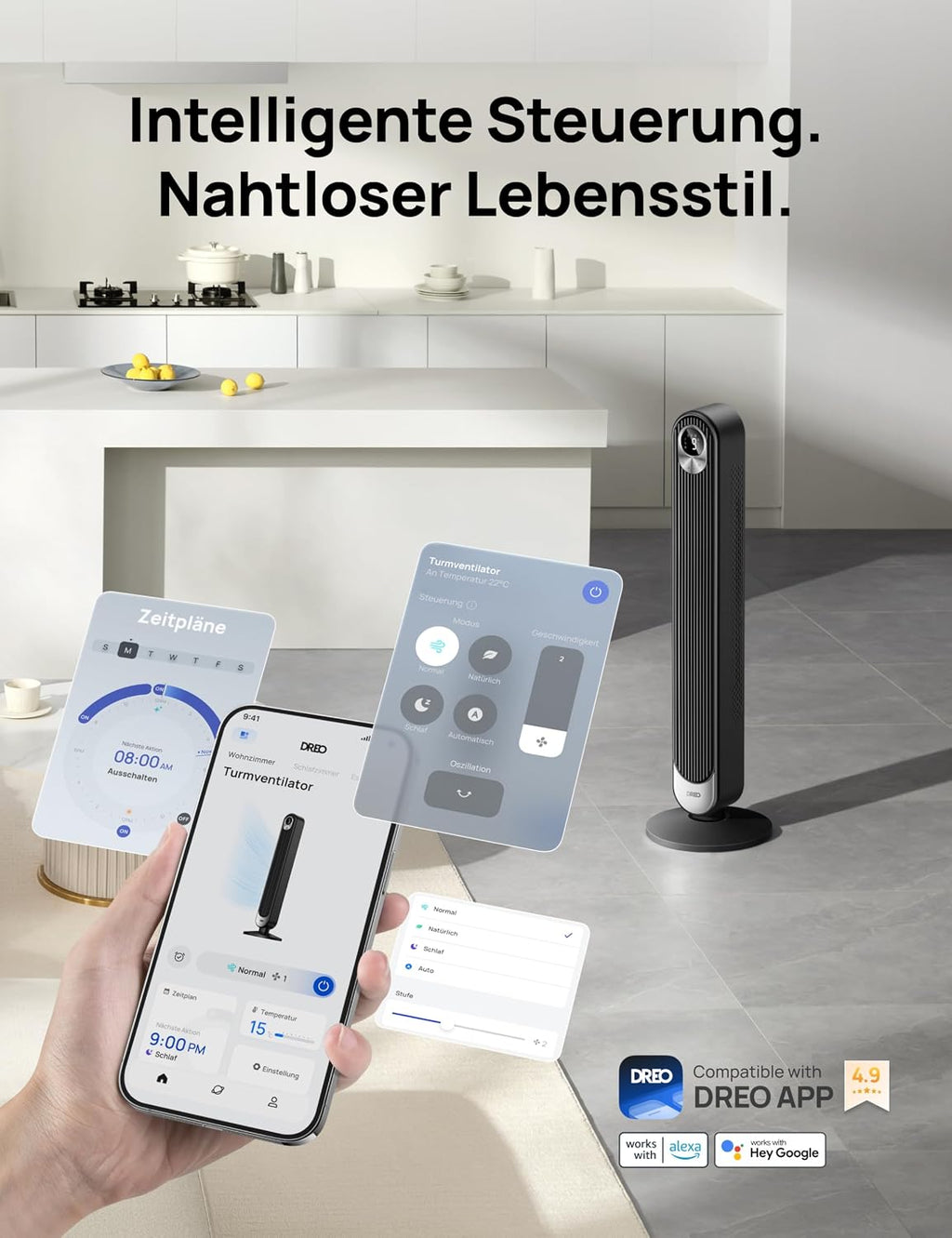 Ventilador de torre Dreo Smart con motor CC de 20 dB, silencioso, alcance de 11 m, mando a distancia, 9 velocidades, 4 modos, oscilación de 90°, control por voz para dormitorio, temporizador de 12 h