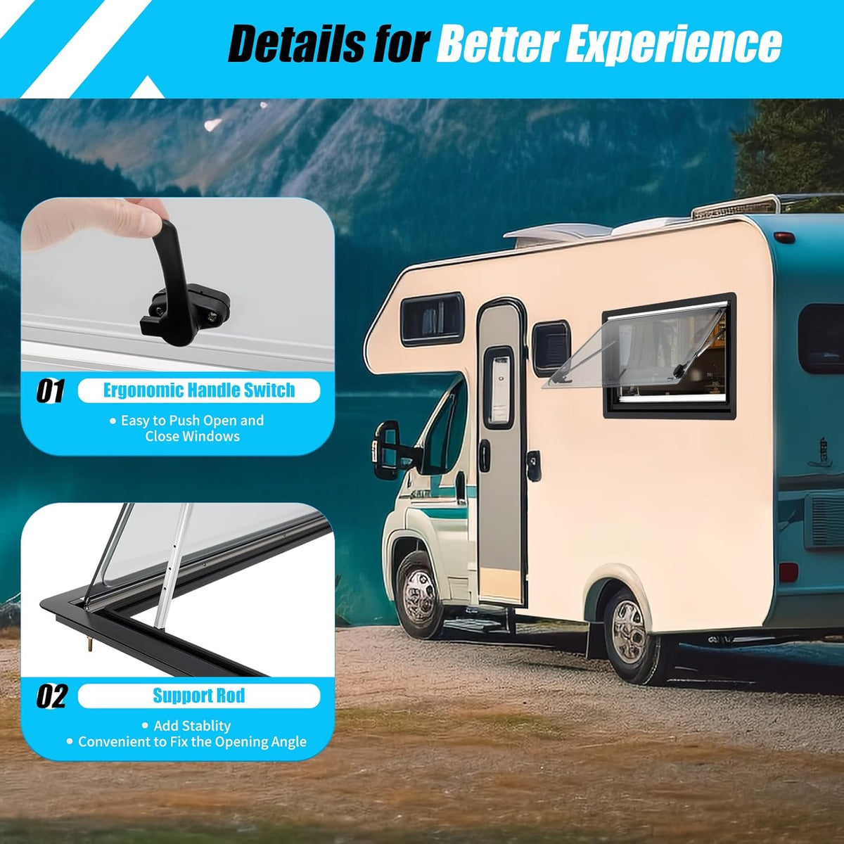 LENDISIY Ventana lateral para autocaravana Ventana abatible 90x50cm Ventana para caravana Ventana de empuje con marco Protección solar y visual para RV Caravana Autocaravana Furgoneta