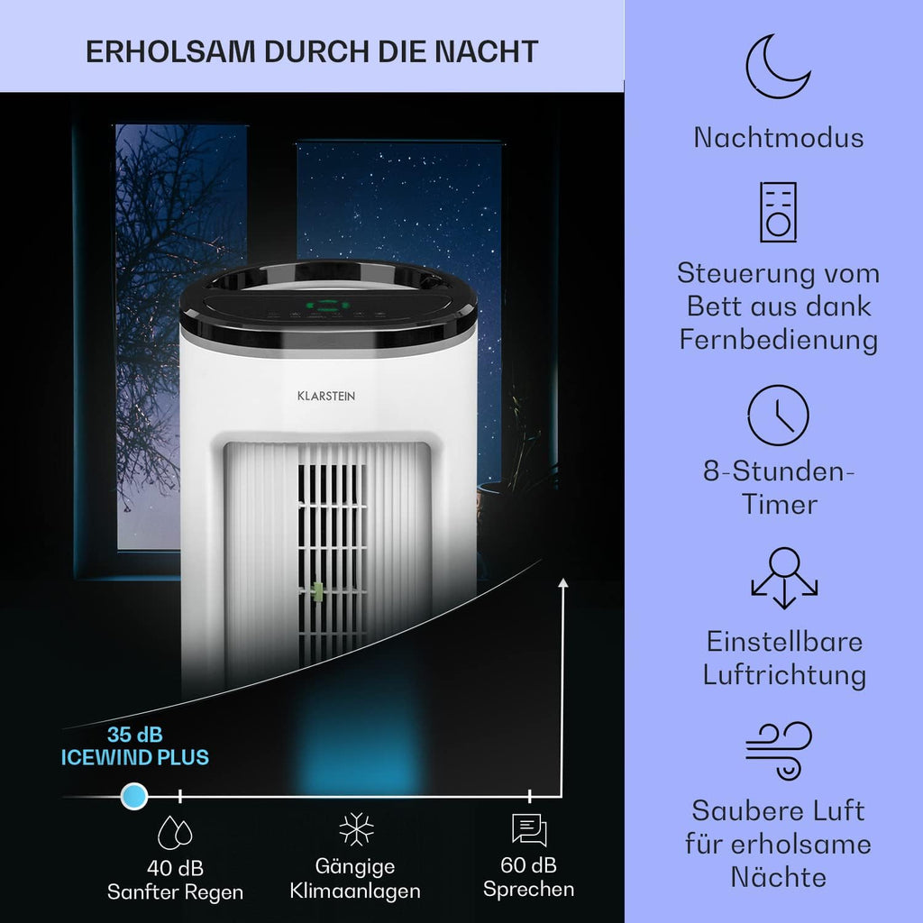 Enfriador de aire Klarstein con refrigeración por agua, enfriador evaporativo 4 en 1 silencioso, humidificador, ventilador y modo nocturno, aire acondicionado portátil de 7 L, enfriador de aire de 65 W, flujo de aire refrigerante de 330 m³/h