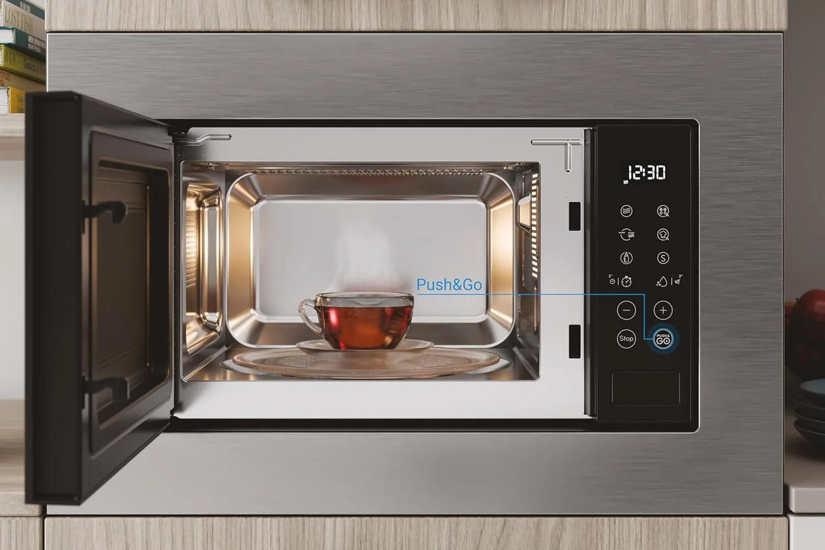 Indesit MWI 120 GX.1 kuchenka mikrofalowa do zabudowy z grillem 20 l, maksymalna moc kuchenki mikrofalowej 800 W, moc grilla 1000 W. bezpieczeństwo dzieci, push and go, automatyczne gotowanie