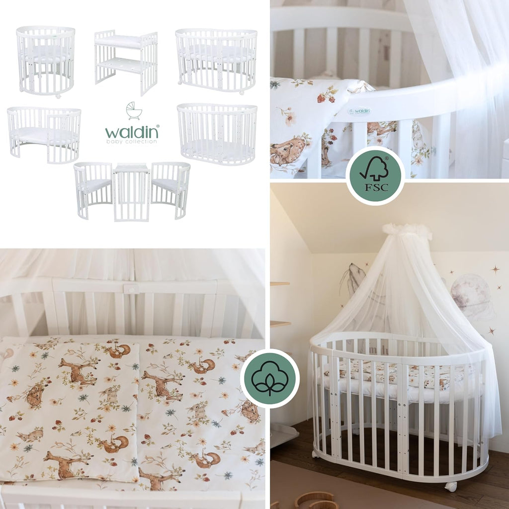 Cuna ovalada evolutiva Waldin, set completo 7 en 1, cuna de barrotes, cama infantil con colchón, cambiador, cuna colecho, madera blanca