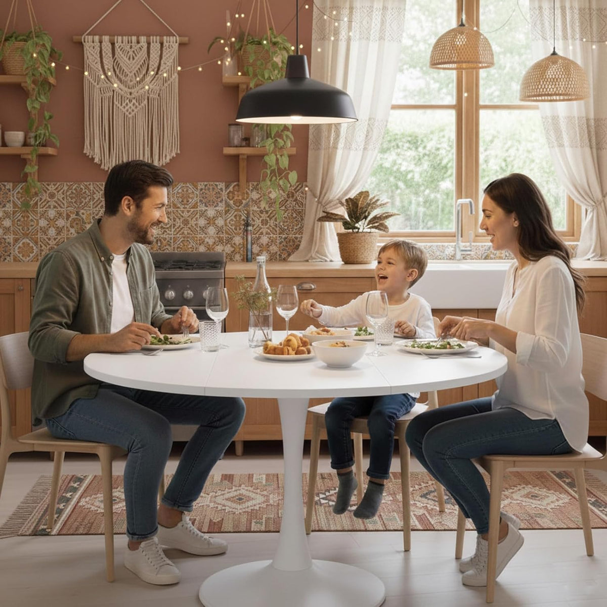 Mesa de comedor redonda extensible, 100/140x100x75 cm, mesa de comedor elíptica de madera para 2-8 personas, mesa de centro para cena, sala de estar y comedor (completamente blanca)