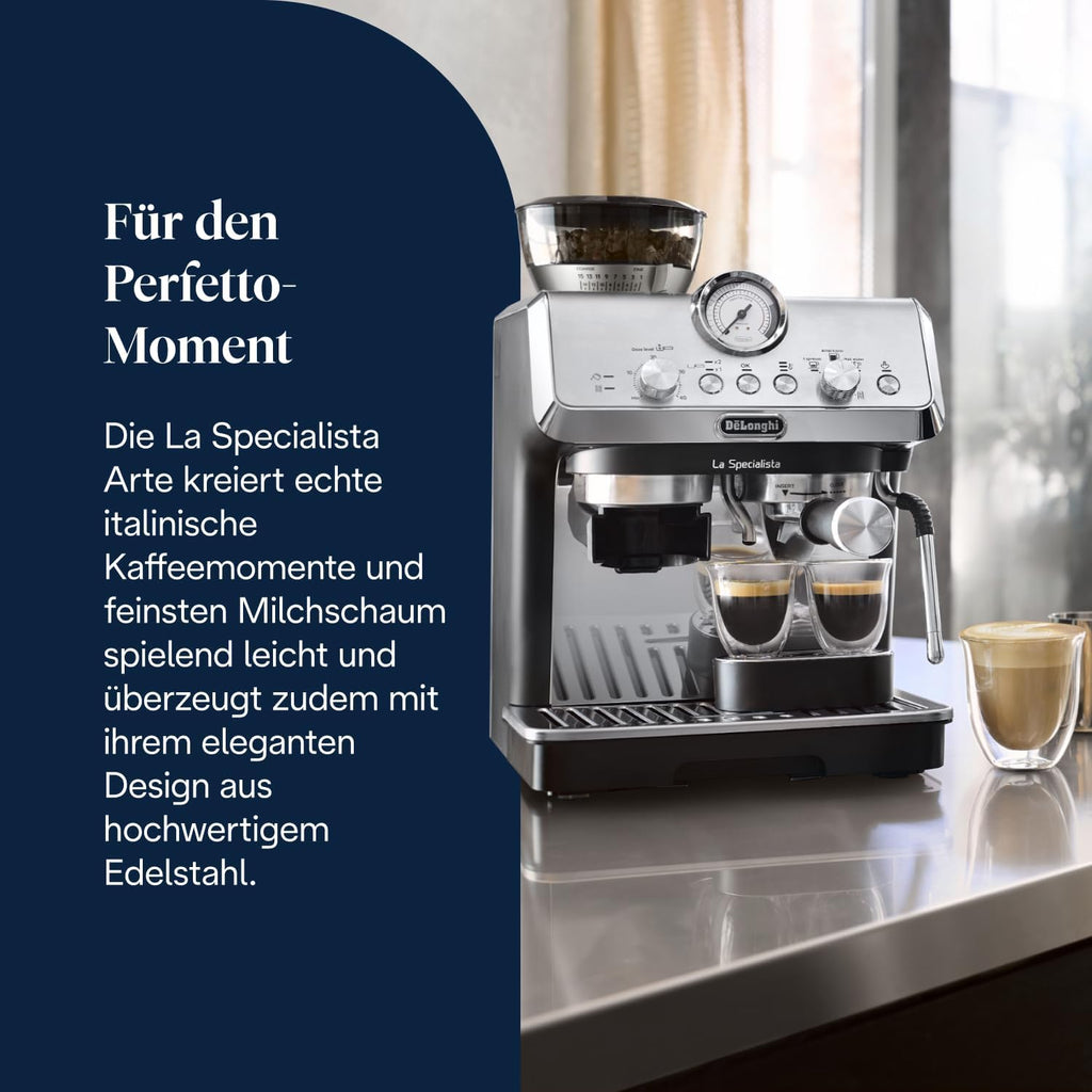 Máquina de café espresso De'Longhi La Specialista Arte EC9155.MB, cafetera con molinillo, 8 niveles de molienda, 15 bares, 3 temperaturas, boquilla para espuma de leche, 1550W, depósito de 1,7L, acero inoxidable/negro incluye kit de barista