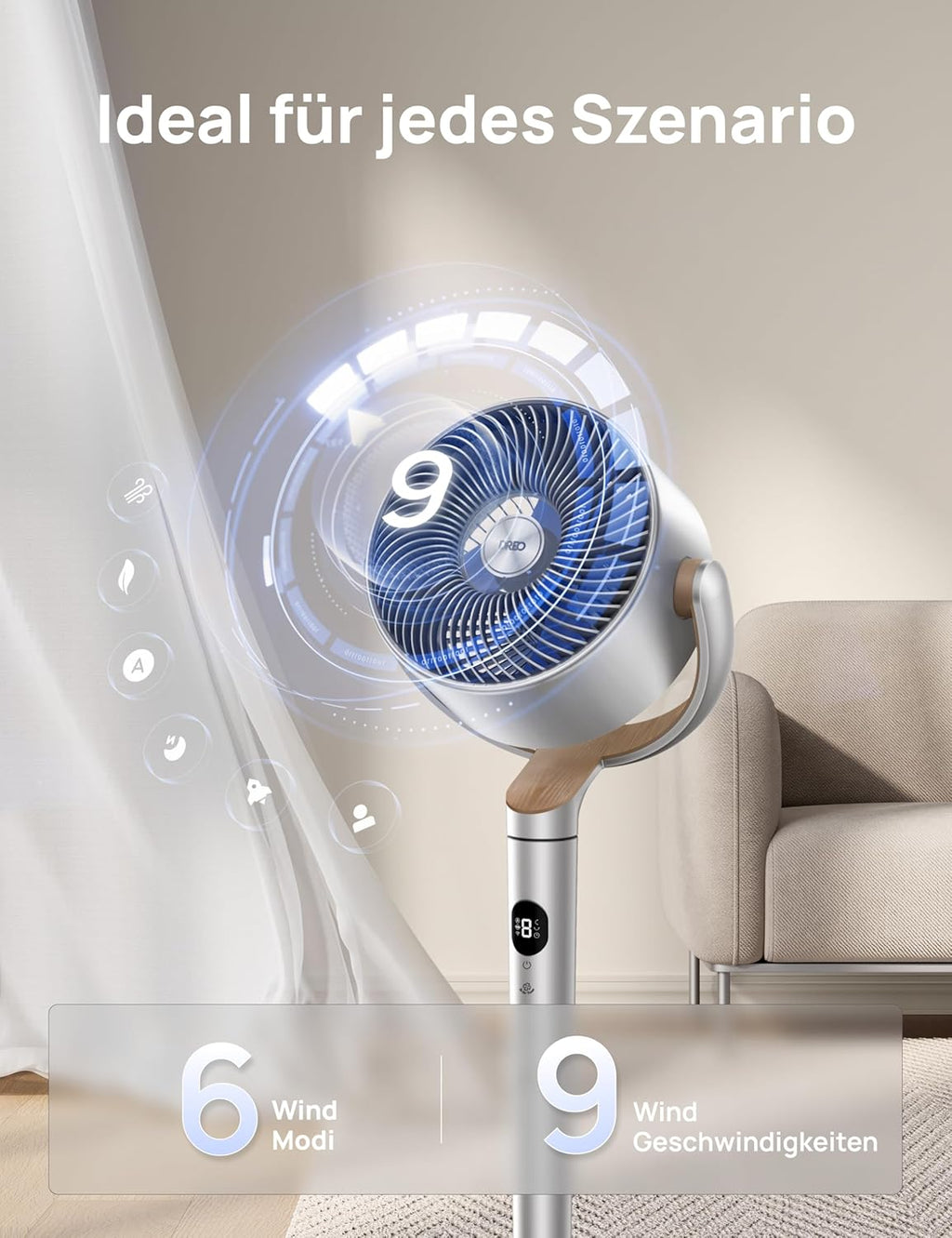 Ventilador de pie inteligente Dreo con luz RGB, oscilación de 120° + 120° con control remoto, ventilador de suelo silencioso de 20 dB para dormitorio, temporizador de 8 horas, plateado