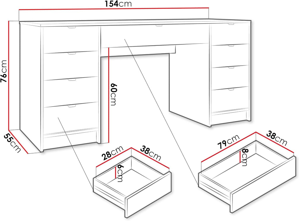 Escritorio Mirjan24 Tireno Bis, 9 cajones con frentes acanalados, escritorio para estudiantes, mesa de ordenador, escritorio infantil, mesa de trabajo, mesa para PC, habitación juvenil, habitación infantil (blanco velvet)