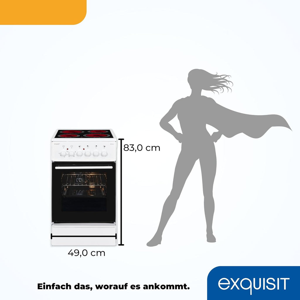 Cocina independiente Exquisit, cocina de 50 cm con placa vitrocerámica, calor superior/inferior, horno con ventilador y grill, cocina eléctrica independiente de 50 cm, color blanco, ECM 5-4-1