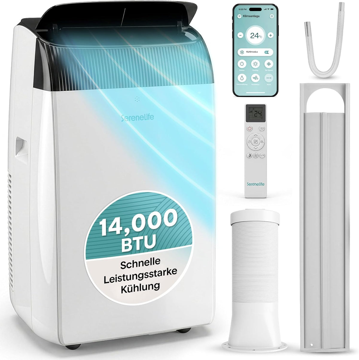 SereneLife Klimaanlage mit Abluftschlauch- Mobil, 14000 BTU WLAN, 3-in1- Kühlen Entfeuchten Venitlieren, Klimagerät mit Fensterkit, LED display, Leise und Schlafmodus, Timer und Rollen, bis 45m²