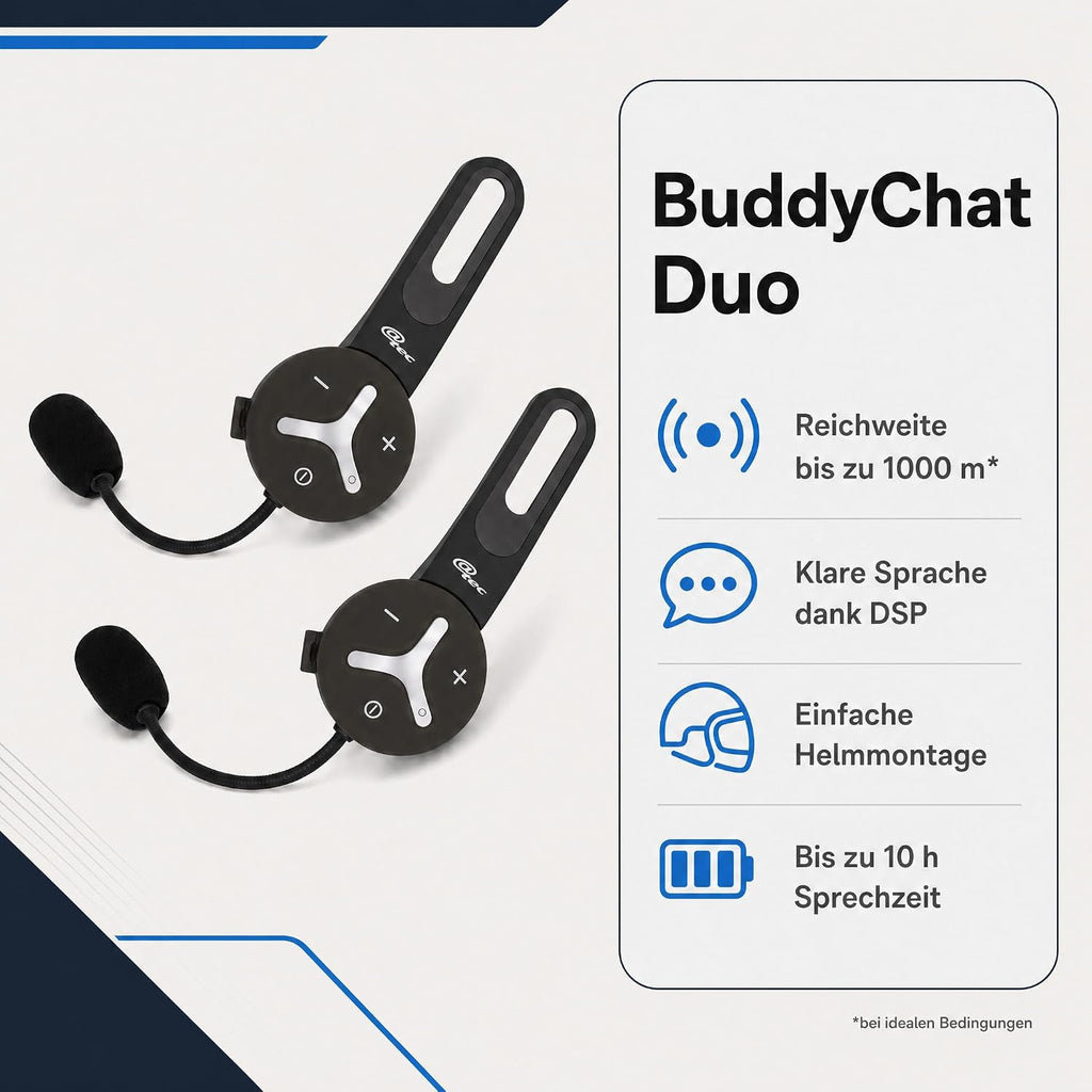 @tec BuddyChat Duo, Intercom para auriculares, set de 2, sistema de intercomunicación Bluetooth 3.0, alcance de hasta 1 km, cancelación de ruido DSP, resistente al agua y al polvo