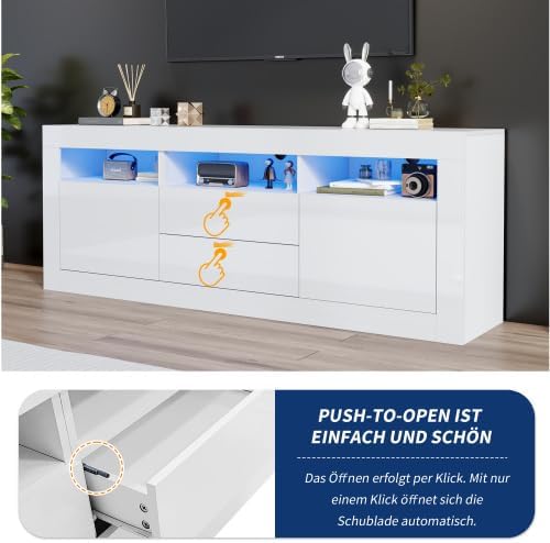Mueble para TV Merax con iluminación LED, mueble bajo de 160 cm en blanco de alto brillo, sistema de apertura por presión, gran espacio de almacenamiento para salón, control por Bluetooth para la iluminación LED