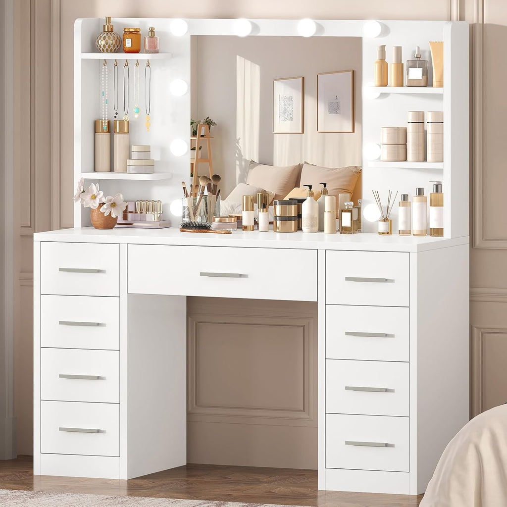 Tocador grande TEENFON con iluminación LED y enchufes, tocador con espejo, 4 estantes abiertos y 5 ganchos para joyas para el dormitorio, blanco, tocador con 9 cajones
