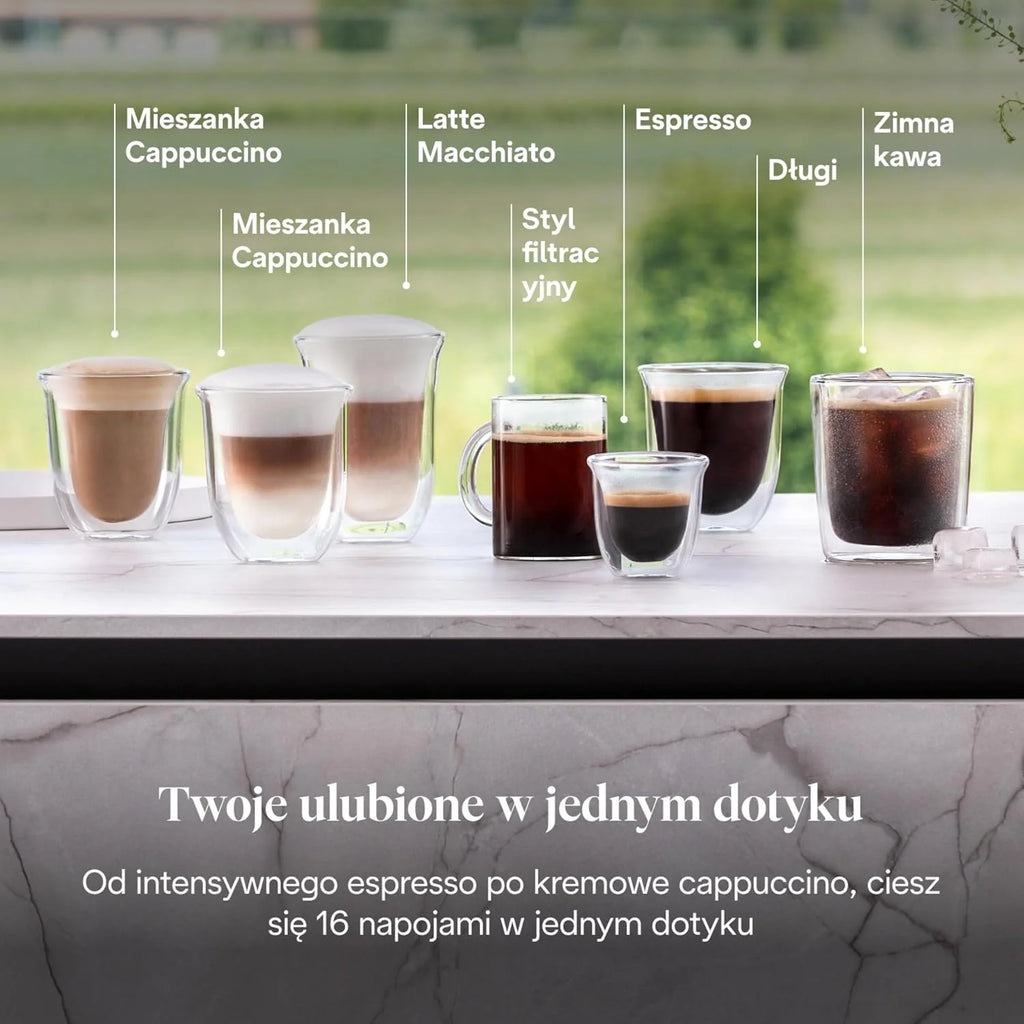 De'Longhi Rivelia EXAM440.55.W, superautomatyczny ekspres do kawy z LatteCrema Hot, automatyczny spieniacz do mleka, kompaktowy rozmiar, 16 przepisów, kolorowy ekran dotykowy, arktyczna biel
