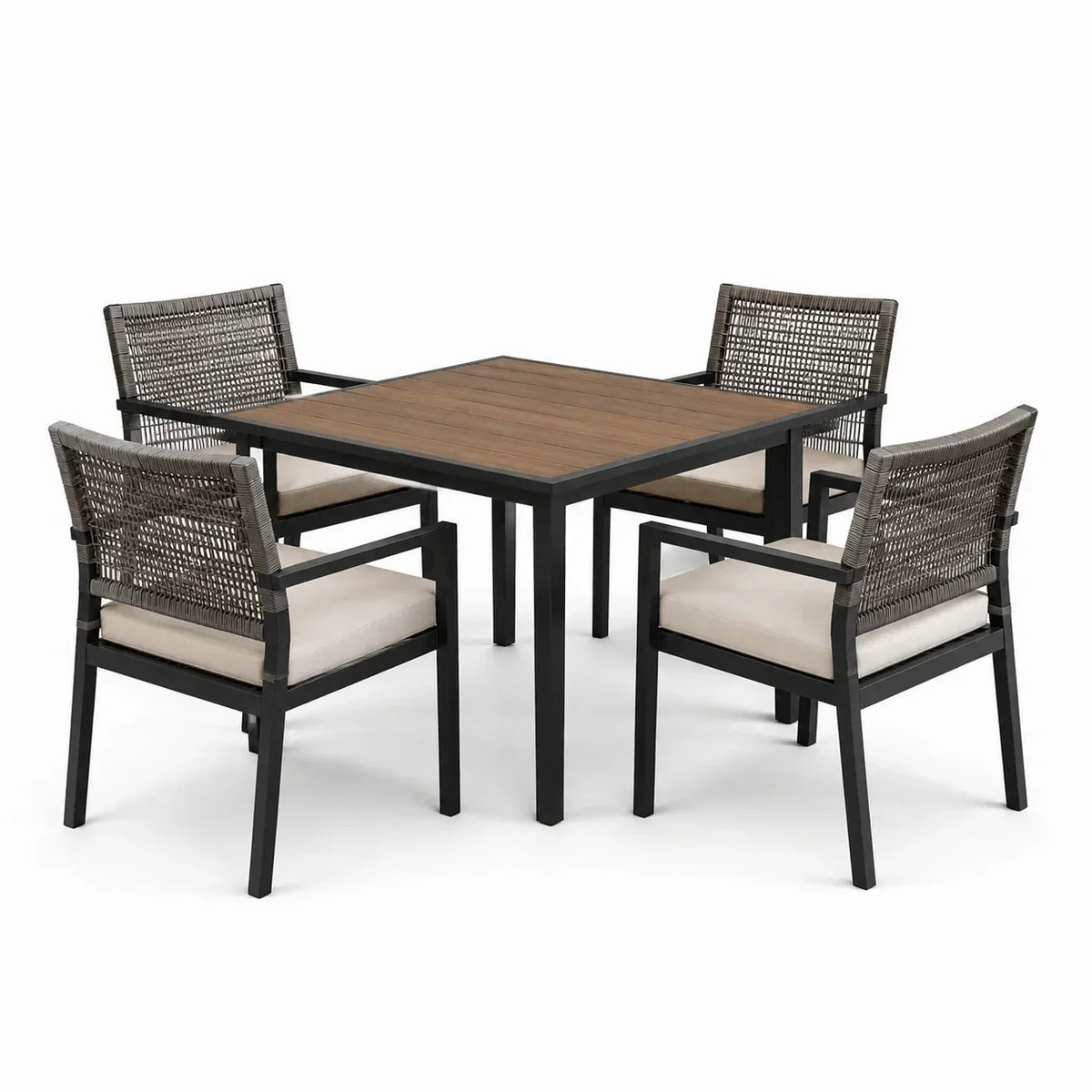 Conjunto de comedor de jardín, mesa de aluminio y 4 sillas de ratán sintético, beige